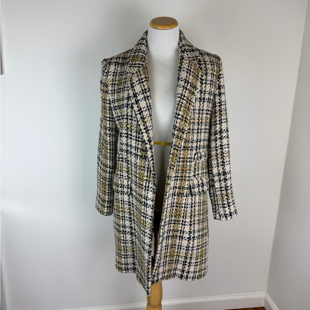 Zara Coat Yellow Cream Black Tweed Plaid MIDI Jacket Size M